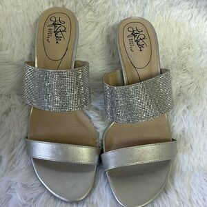 Silver dressy two strap low heel sandals
